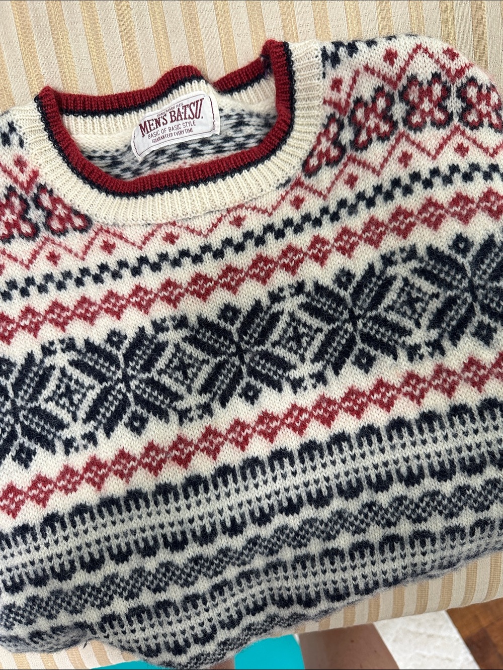 Men's Batsu Japanese Fair Isle Wool Sweater with Red & Navy Pattern